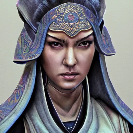 Image similar to steven seagal female, jedi master, wearing the traditional jedi robe, beautiful and uniquely odd looking, detailed symmetrical close up portrait, intricate complexity, in the style of artgerm and ilya kuvshinov, magic the gathering, star wars art