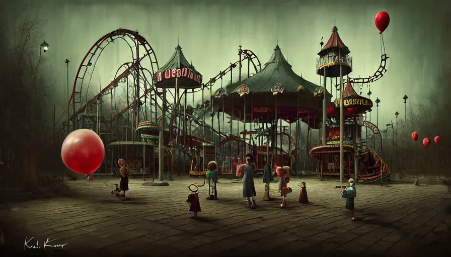 Prompt: michal karcz grunge painting of an amusement park, monster and horror theme. A monster is selling balloons to children. detailed elegant, intricate, 4k,