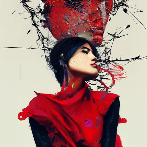 Prompt: portrait of a daydreaming melancholic latina woman in red habit being progressively rasterized into virtual pixels, she is surrounded by digital birds and a giant loving neon mecha robot is beside her, oil on canvas by yoji shinkawa, esao andrews and dave mckean