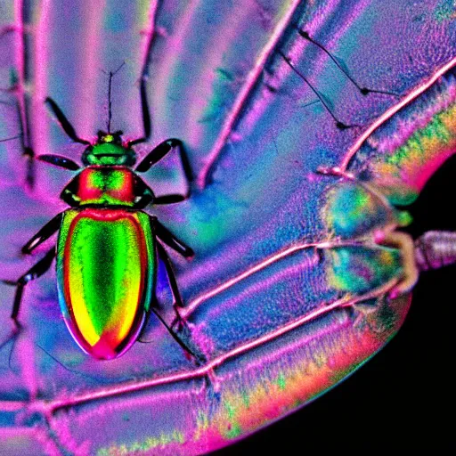 Image similar to color photoelectron microscope view of a colorful iridescent bug