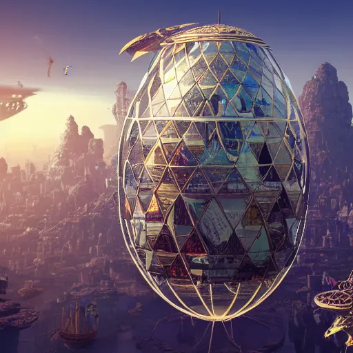 Prompt: enormous flying city in a faberge egg, sky, steampunk, fantasy art, masterpiece, unreal engine