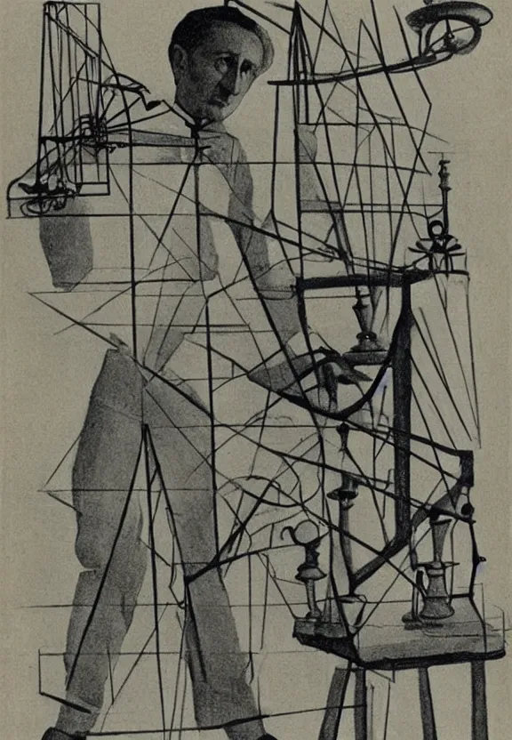 Image similar to a concept drawing of marcel duchamp holding up a chess - piece wire - machine, a surrealist painting by marcel duchamp, complex artificial - intelligence machinery, minimal sketch flow - chart, academic art, 1 9 2 0 s