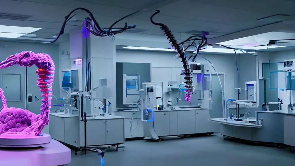 Image similar to a complex bifurcated surgical arm hybrid mri 3 d printer machine making colorful mutant forms with control panels in the laboratory inspection room, film still from the movie directed by denis villeneuve with art direction by salvador dali, wide lens