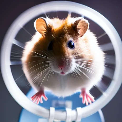 Prompt: uhd candid photo of a robot hamster on a hamster wheel. photo by annie leibowitz