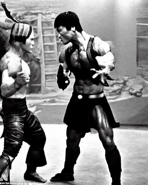 Prompt: on a mortal kombat video game battle stage, bruce lee stands off against arnold schwarzenegger dressed as conan the barbarian