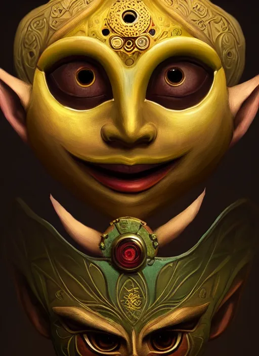 Image similar to happy mask salesman with majora's mask, fantasy, intricate, elegant, highly detailed, digital painting, artstation, concept art, wallpaper, smooth, sharp focus, illustration, art by wlop