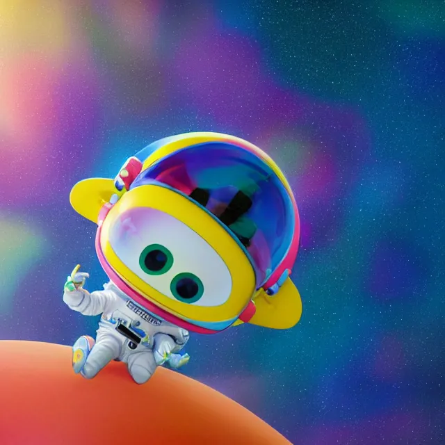 Image similar to a cute astronaut, pixar animation style, soft colors, by jeff koons, by lisa frank, octane render, by takashi murakami, colorful, spectral color, 5 d, ultra - hd, mini, volumetric lighting