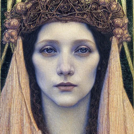 Image similar to detailed realistic beautiful young medieval queen face portrait by jean delville, art nouveau, symbolist, visionary, gothic, pre - raphaelite