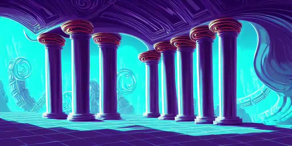 Prompt: curled perspective digital art of curly clouds casino door with marble columns by anton fadeev from nightmare before christmas