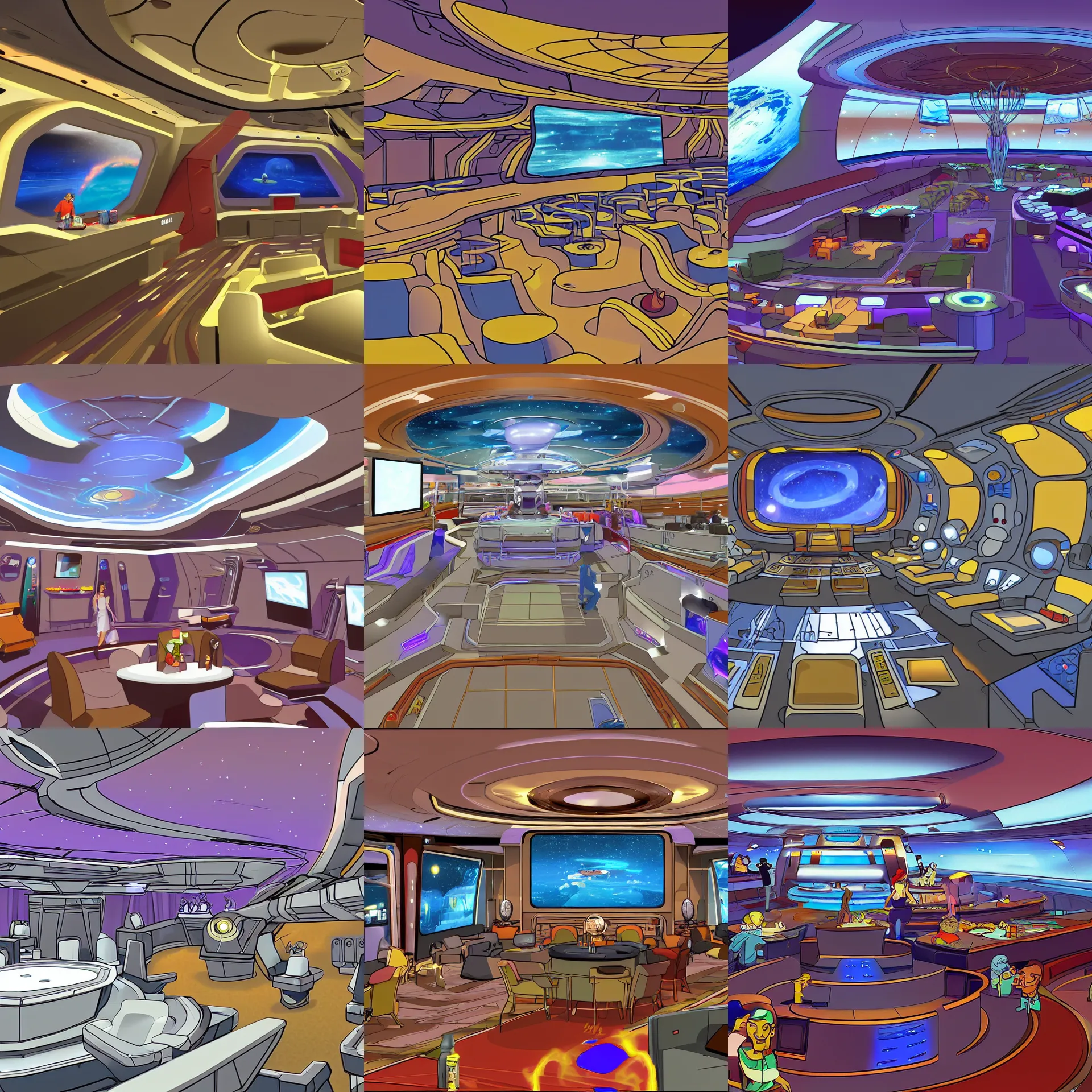 Prompt: the main entertainment area onboard a large passenger cruise spaceship, from a space themed serria point and click 2 d graphic adventure game, art inspired by space quest vi