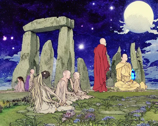 Image similar to a hyperrealist studio ghibli watercolor fantasy concept art of a giant long haired grey witch in lotus position sitting on top of stonehenge with a starry sky in the background. a group of tiny monks are prostrating them themselves. by rebecca guay, michael kaluta, charles vess