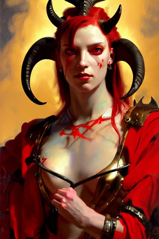 Image similar to painted close - up portrait of a attractive red - skinned intimidating demon cyborg girl with ram horns! oil painting, wearing a noblewoman's outfit, fantasy art by john singer sargent and gaston bussiere and james jean and greg rutkowski, demon noble character design, hd