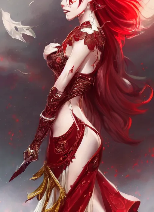 Image similar to a highly detailed illustration of beautiful long hime cut hair woman wearing a red battle dress, red eyes, dramatic smile pose, intricate, elegant, highly detailed, centered, digital painting, artstation, concept art, smooth, sharp focus, league of legends concept art, WLOP