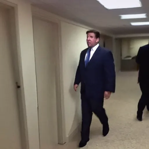 Image similar to Ron Desantis lost in the backrooms alone, photo, security camera footage, liminal, dismal, dim lighting