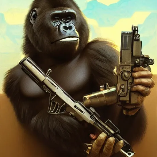 Prompt: detailed science - fiction character portrait of a gorilla with a gun, wild, highly detailed, digital painting, artstation, concept art, smooth, sharp focus, illustration, art by artgerm and greg rutkowski and alphonse mucha