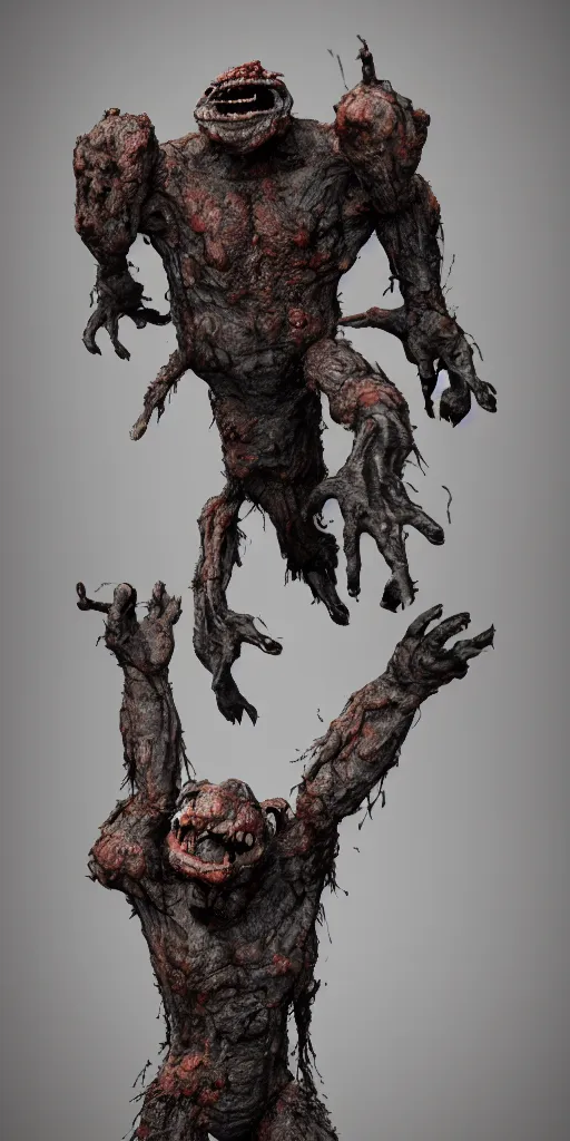 Image similar to Anthropomorphic hunchbacked creature with gray skin in full growth, large claws on the hands, covered with rust and soot, arms, legs and head, a small head without eyes and nose, only a black mouth, artstation, highly detailed, 8k, HD, octane render, post-apocalypse