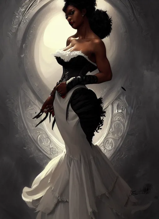 Image similar to cute black woman wearing a white corset dress, fantasy, intricate, highly detailed, digital painting, artstation, concept art, wallpaper, smooth, sharp focus, illustration, art by artgerm and greg rutkowski and alphonse mucha