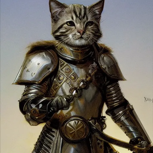 Image similar to Knight with the head of a cat, fantasy D&D character, portrait art by Donato Giancola and James Gurney, digital art, trending on artstation