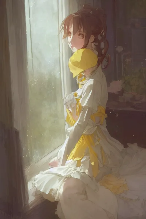 Image similar to a girl in a maid's outfit in the bedroom a night, raining outside the window, yellow theme, wavy white long hair, by krenz cushart and mucha and akihito yoshida and greg rutkowski and makoto shinkai, 4 k resolution