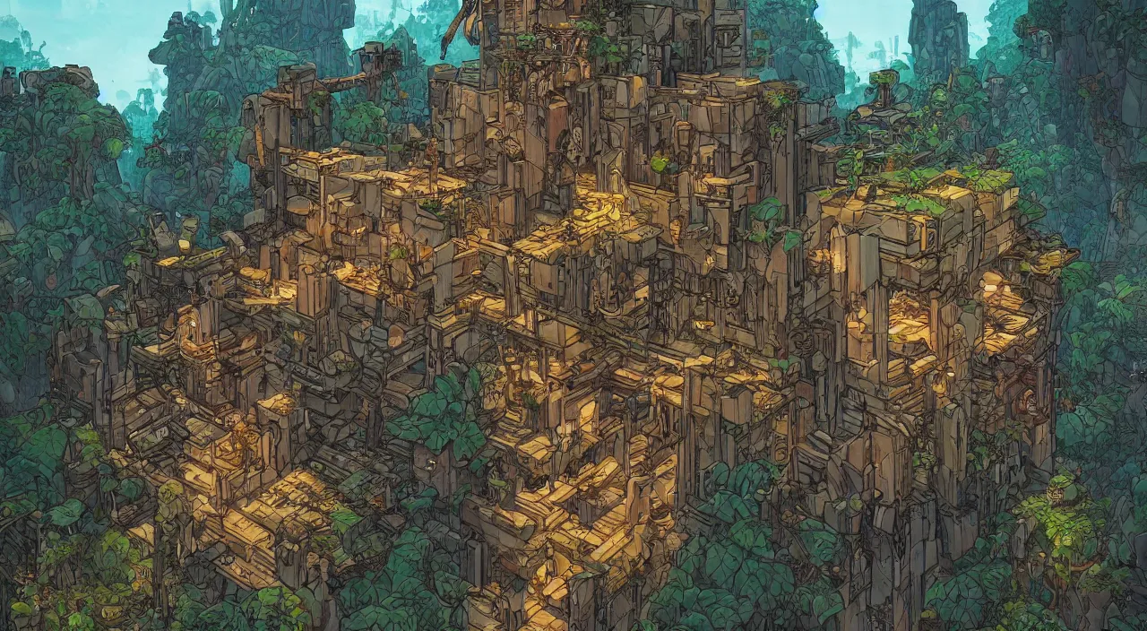 Image similar to open door wood wall fortress greeble block amazon jungle on portal unknow world ambiant fornite that looks like it is from borderlands and by feng zhu and loish and laurie greasley, victo ngai, andreas rocha, john harris