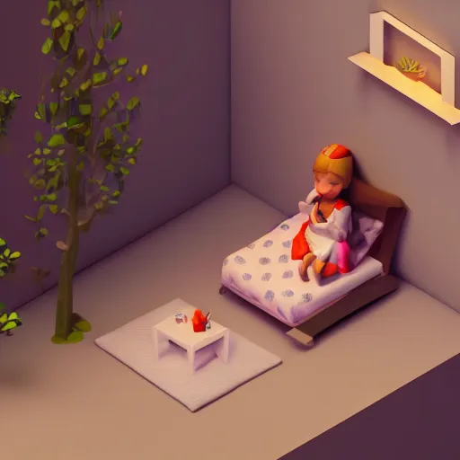 Prompt: 3d isometric rendering of a little cute girl on her bed dreaming of a beautiful forest, octane renderer, unreal engine, 4K, trending on artstation