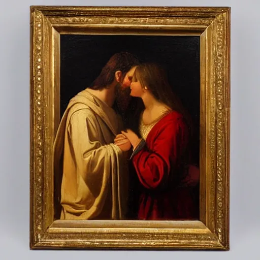 Prompt: an oil panting of a jesus kissing maria maddalena