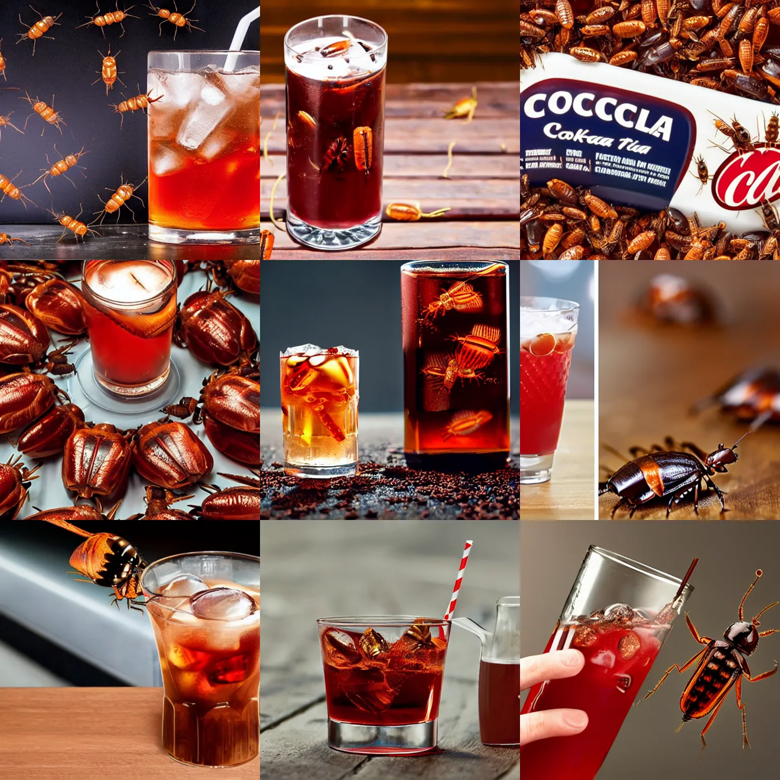 Prompt: promotional image of a drink of Cola made from cockroaches