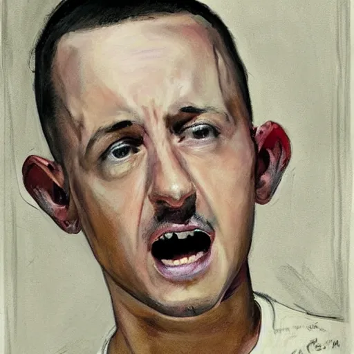Prompt: portrait of chester bennington face, in a white tank top singing, in the style of john singer sargent