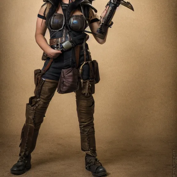 Image similar to full length photo of a very beautiful female dieselpunk warrior, 8 k, hdr, smooth, sharp focus, high resolution, award - winning photo