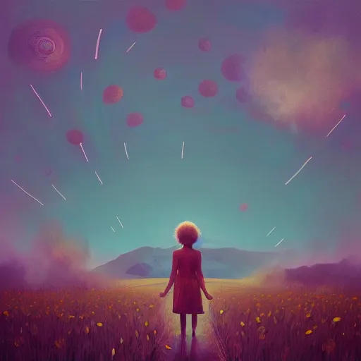 Image similar to giant daisy flower as a head, girl walking in wheat field, hills, surreal photography, dark night, star trails, dramatic light, impressionist painting, clouds, digital painting, artstation, simon stalenhag