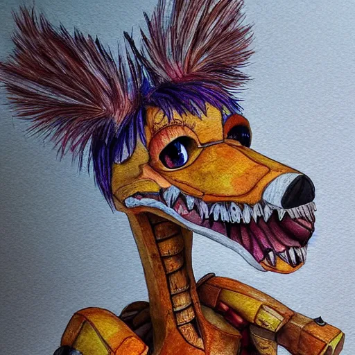 Image similar to water color on paper, chica animatronic portrait, highly detailed, artstation, masterpiece, award - winning,