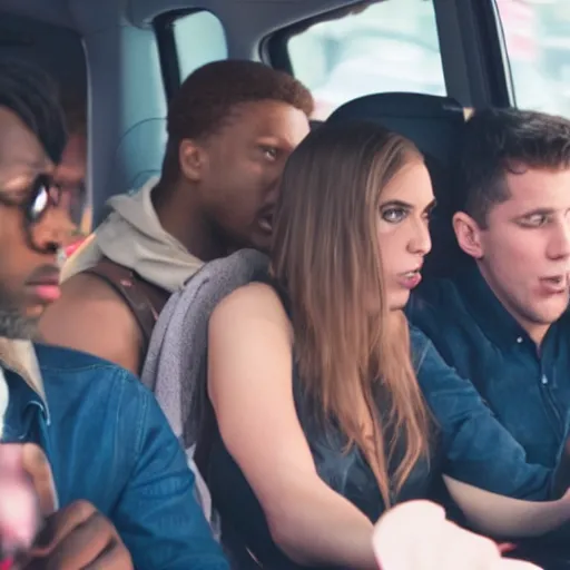 Prompt: Medium shot of a group of friends talking in the middle of a crowded car in the New York metro, cinematic, 4k, thriller