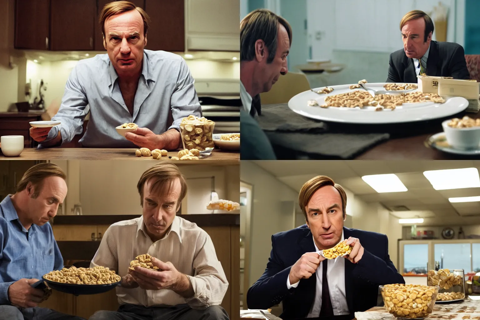 Prompt: better call saul eating cereal, film still