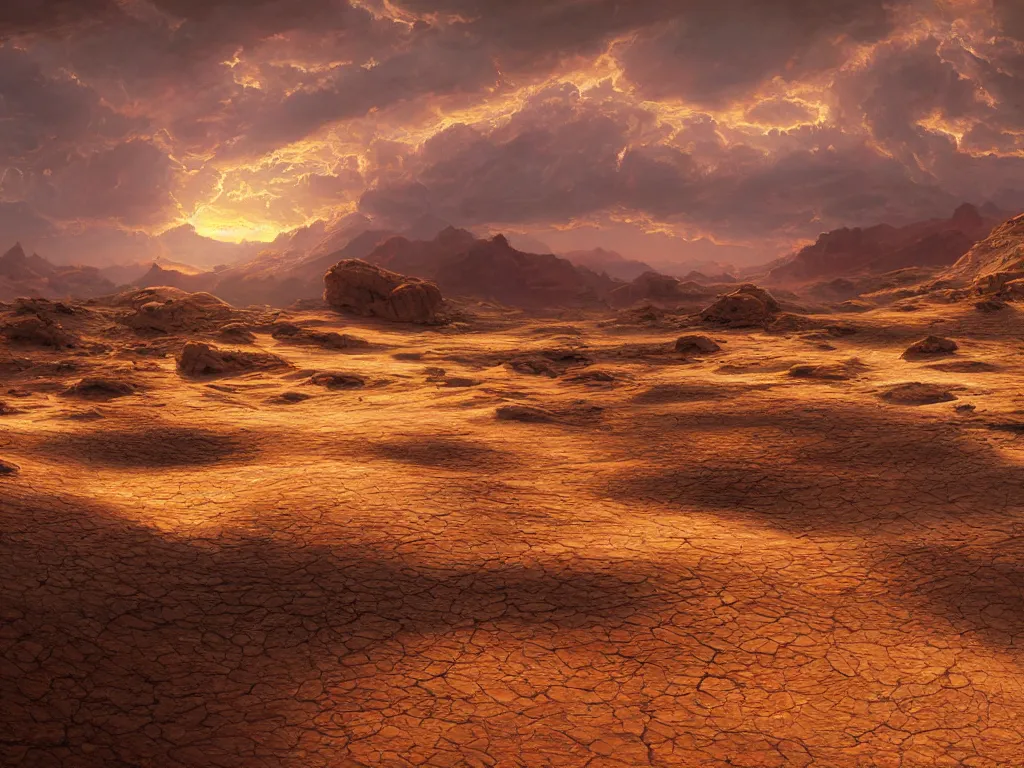 Prompt: a oil painting of a desert landscape with a wasted way, west wind, at sunset, concept art, octane render, unreal engine 5, trending on deviantart, highly detailed, high quality, oil painting, digital painting, masterpiece, hyperrealistic, breathtaking landscape, soft lighting, godrays, complementary colors, natural lighting