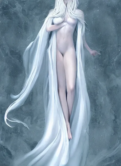 Image similar to tall thin beautiful goddess, pale wan female angel, long flowing silver hair covering her whole body, beautiful!!! painting, young face pale skin wan angel, flowing silver hair, flowing white robes, flowing hair covering front of body, white robe, white dress!! of silver hair, covered!!, clothed, unexposed, intricate robes beautiful aesthetic, mystery