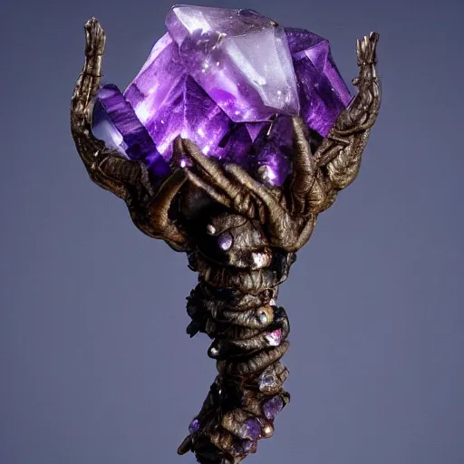 Prompt: zergling from the dark crystal wearing golden talismans and amethyst crystals. evil cinematic undertones. diffuse volumetric lighting.