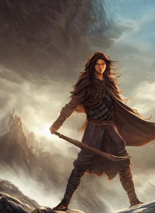 Image similar to An epic fantasy comic book style portrait painting of a young man with a long brown hair wearing a cloak that waves in the wind as he holds onto a stave in front of an epic fantasy landscape, unreal 5, DAZ, hyperrealistic, octane render, cosplay, RPG portrait, dynamic lighting