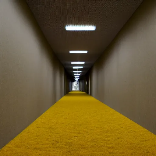 Prompt: A tunnel of Mono-yellow walls, strange textures, buzzing lights and moisty carpet.