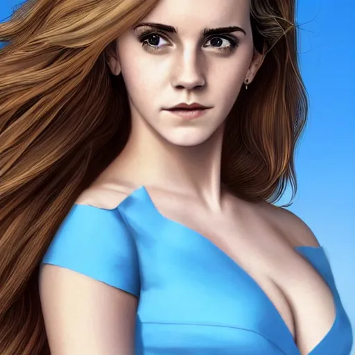 Image similar to a very beautiful mature emma watson, full body, long wavy blond hair, sky blue eyes, full round face, bikini, miniskirt, front view, mid - shot, cute pose, highly detailed, cinematic wallpaper by stanley artgerm lau