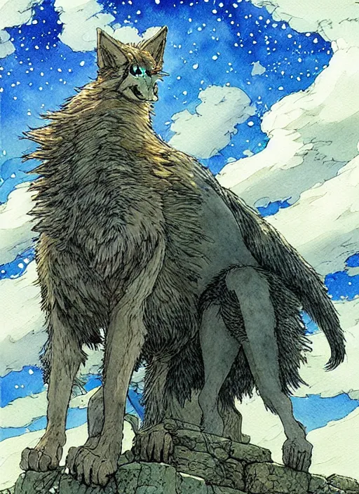 Prompt: hyperrealist studio ghibli watercolor fantasy concept art of a giant wolf from howl's moving castle sitting on stonehenge like a chair. it is a misty starry night. by rebecca guay, michael kaluta, charles vess