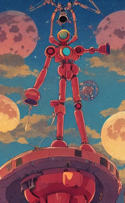 Prompt: evangelion with a mechanical moon lute in its arms, movie poster, 3 d anime, arcane style, retropunk, steampunk, high resolution, 4 k, retrofuturism, studio ghibli, simon stalenhag