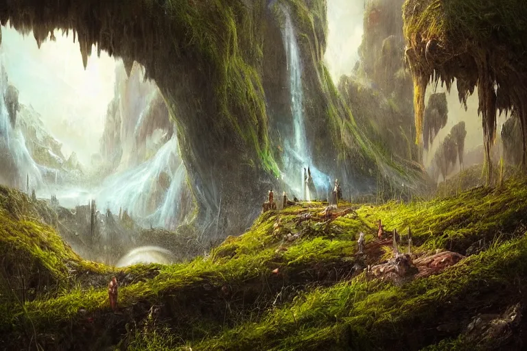 Prompt: amazing concept painting, by Jessica Rossier and HR giger and Beksinski, prophecy, hallucination, garden of eden, lush fruit orchard stream and rock garden, waterfalls, moss, fruit trees, wild animals, garden of earthly delights