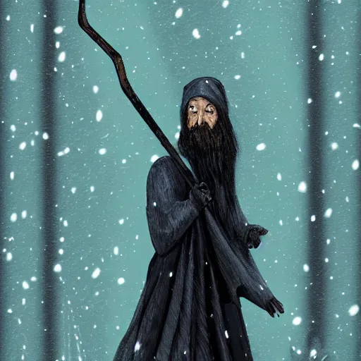 Image similar to wizard, dark, flying on the broom, front view, trees, snowing, digital art