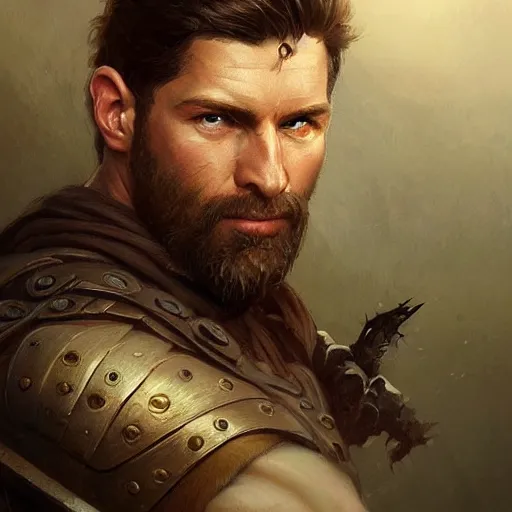 Image similar to portrait of a rugged ranger, muscular, upper body, D&D, fantasy, intricate, elegant, highly detailed, digital painting, artstation, concept art, smooth, sharp focus, illustration, art by artgerm and greg rutkowski and alphonse mucha