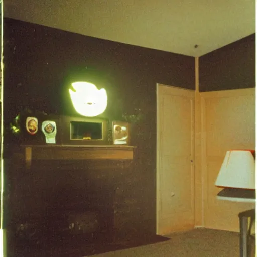 Prompt: a strange high flash photo of an empty suburban home, there's a creepy face on the television, 2 0 0 6, taken with a disposable camera