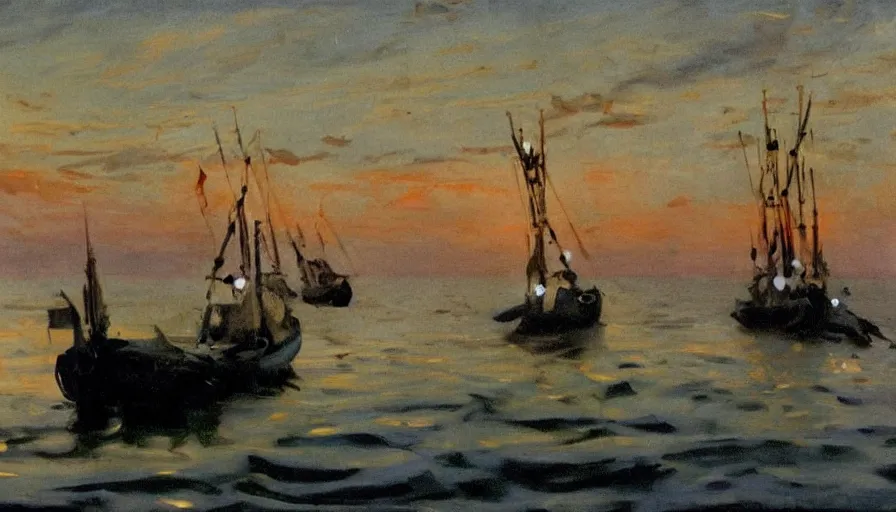 Prompt: the lights in the fishing boats at anchor there, as the night descended, tilting in the air, mastered the night and portioned out the sea, fixing emblazoned zones and fiery poles, arranging, deepening, enchanting night. by john singer sargent