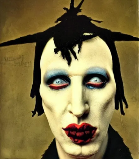 Image similar to portrait of marilyn manson by joel peter witkin and hieronymus bosch, high quality, high detail