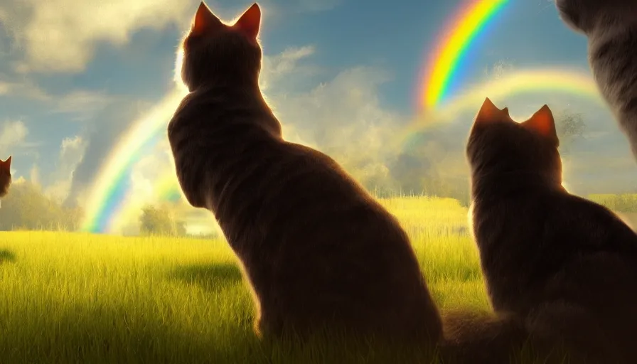 Image similar to back view of cats looking at rainbow, volumetric light, cloudy sky, hyperdetailed, artstation, cgsociety, 8 k