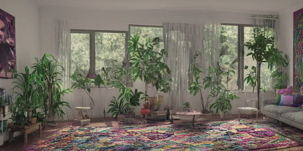 Image similar to 1 9 6 9 living in an older house, hippie pad, hippie chic, antiques, tropical houseplants, beaded curtains, posters on the walls, persian rugs, artstation, v - ray render, 8 k