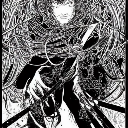 Prompt: highly detailed perspective drawing black and white goetic pen and ink manga panel by hiroya oku!! mucha illustrated sorcerer beautiful attractive long hair chris bell fxv flowing ritual royal!!! vagabond! graphic novel panel swords dramatic esoteric!!!!!! long hair flowing dancing illustrated in high detail by frank miller, shonen jump